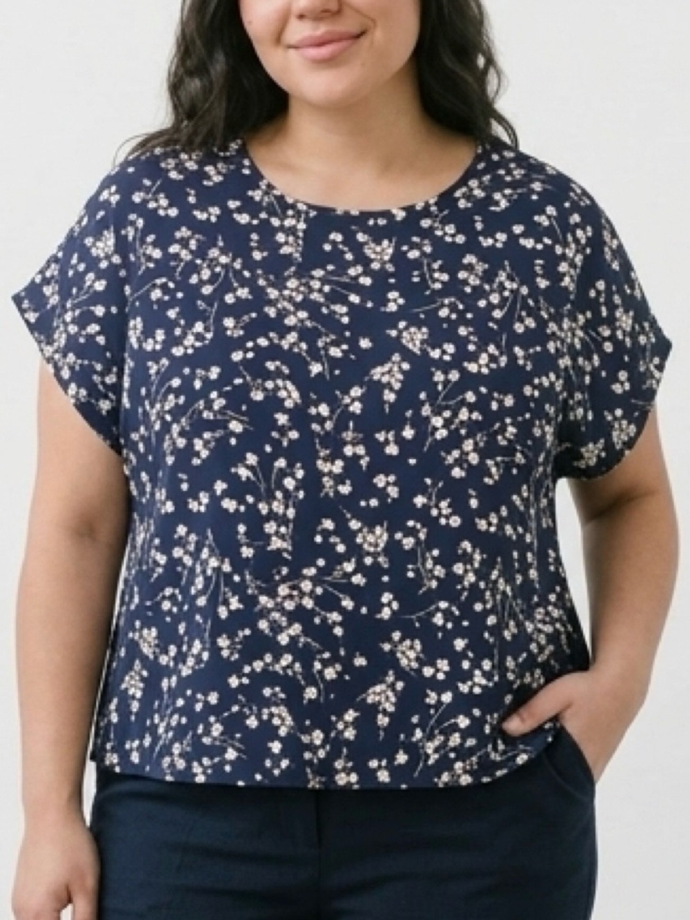 Navy Blue Floral Cap Sleeve Blouse Plus Size 4XL Flowy Summer Top
